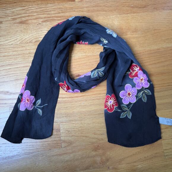 Elaine Gold for Collection XIIX LTD Scarf 100% Silk Black Pink Floral Print - Picture 1 of 6